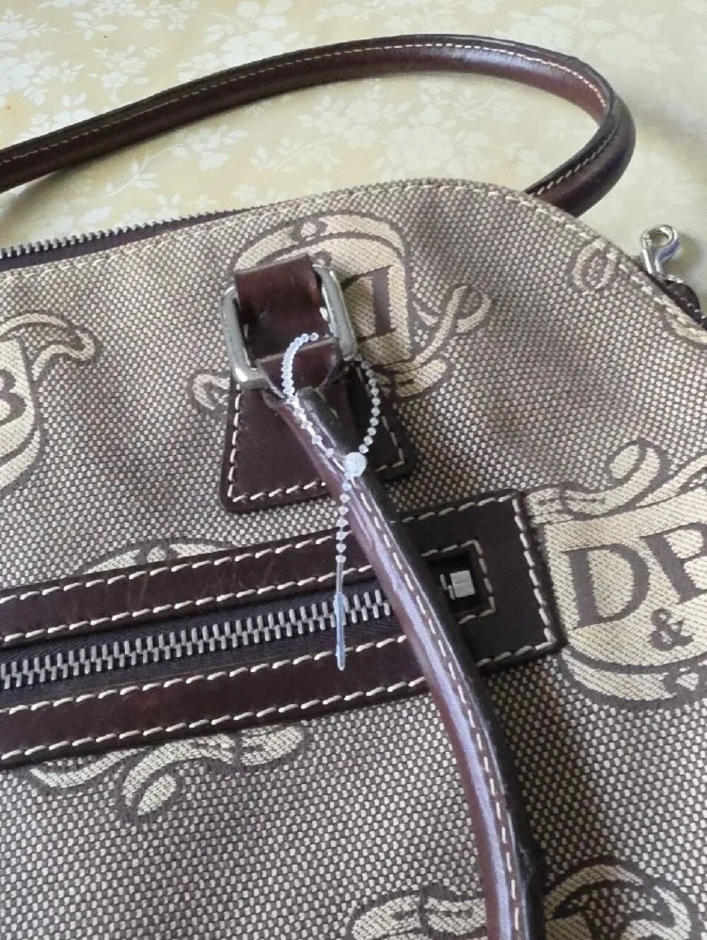 DB Patterned Canvas Satchel with Brown Leather Trim